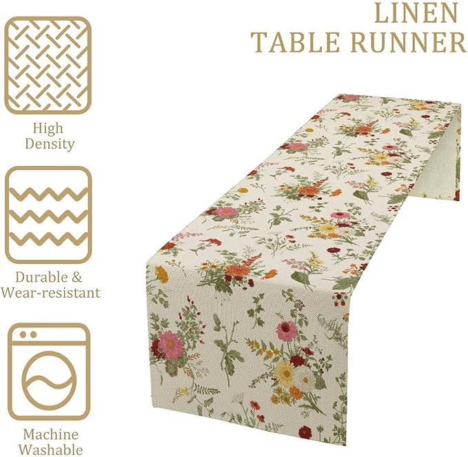 Vintage Flower Table Runner, Rustic Farmhouse Retro Garden Botanical Plants Herbs Wildflower Print Table Runner for Kitchen Dining Room Wedding Party Decor, 13x90inch