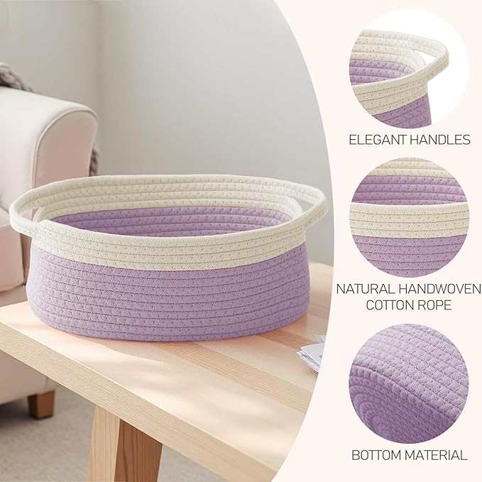 Woven Basket,Small Rope Storage Bin with Handles & Ribbon Bag, Organizer for Shelves Closets,Gift Basket Empty for Birthday,Books,Dog Toys, White&Purple/2 Pack