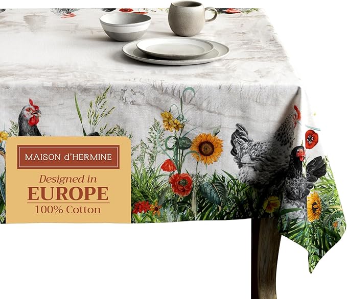 Maison d' Hermine Table Cloth Rectangle Table 100% Cotton 60 x 120 Inches Tablecloth Reusable Decorative for Dining Room, Farmhouse, Home, Party, Festive & Wedding Spring Summer - Basse Cour