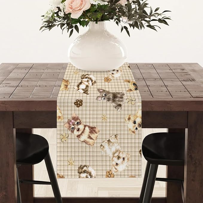 Cute Puppy Table Runner Kitchen Dining Table Runner 13*48in Table Center Decor for Indoor Outdoor Home Holiday Party