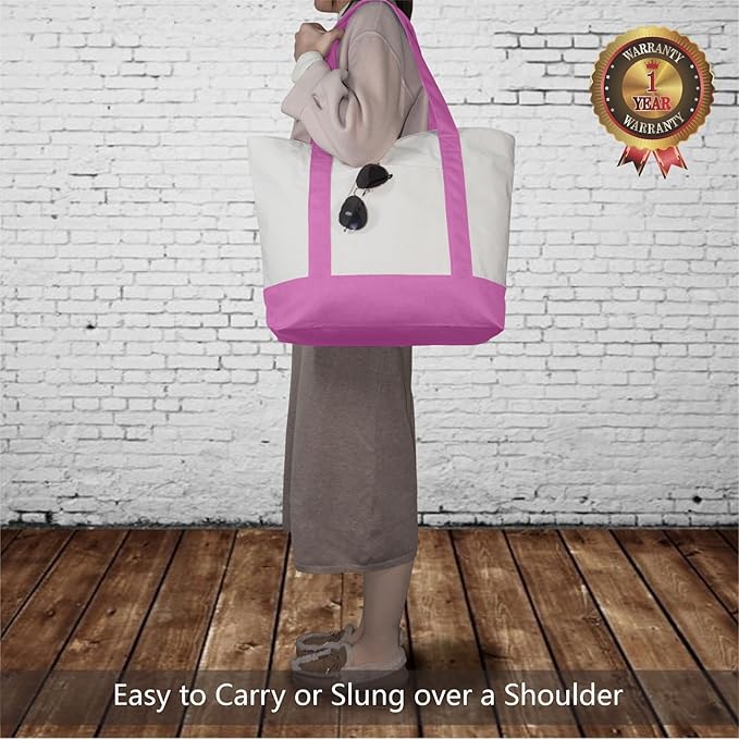 TOPDesign 6-Pack Canvas Tote Bags with an External Pocket, Reusable Grocery Shopping Bags, Top Zipper Closure, Daily Essentials (Light Purple/Natural)