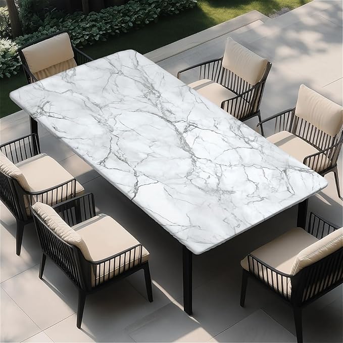 Rectangle Table Cloth Cover Waterproof Elastic Fitted Polyester Fitted Tablecloths for 6 Foot Tables for Indoor,Picnic, Camping, Outdoor （60" x 30"，Marble）
