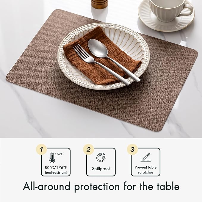 Faux Leather Placemats Set of 8 Vinyl Washable Wipeable Table Mats for Kitchen Dining Table Heat Resistant Waterproof Modern Indoor/Outdoor Placemats Non-Slip Easy Clean Place Mats (Cocoa)
