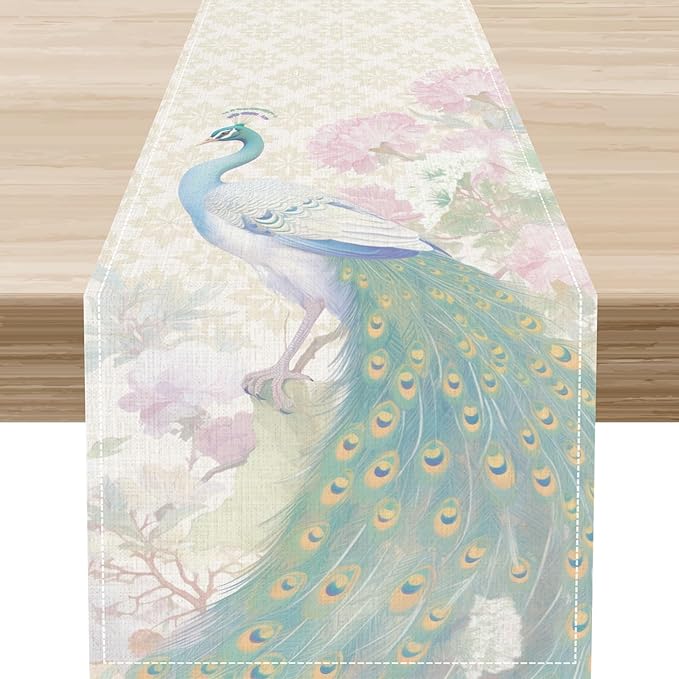 Peacock Table Runner,Rustic Traditional Chinese Style Watercolor Peacock Pink Flora Elegant Table Center Decor for Family Kitchen Table Decorations Indoor Outdoor, 13"x36"