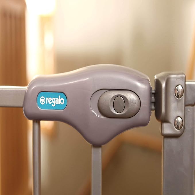 Regalo Easy Step 49-Inch Extra Wide Baby Gate, Includes 4-Inch and 12-Inch Extension Kit, 4 Pack of Pressure Mount Kit and 4 Pack of Wall Mount Kit, Platinum