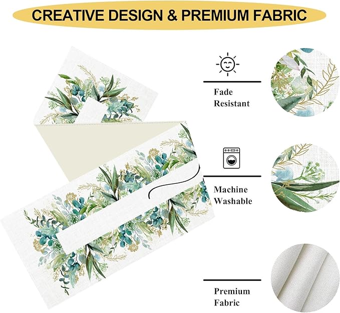 Farmhouse Table Runner, Green Gold Eucalyptus Spring Seasonal Plants Rustic Country Cafe Coffee Table Center Decor for Home Kitchen Dining Patio Indoor Outdoor Table Decorations, 13"x72" Inch