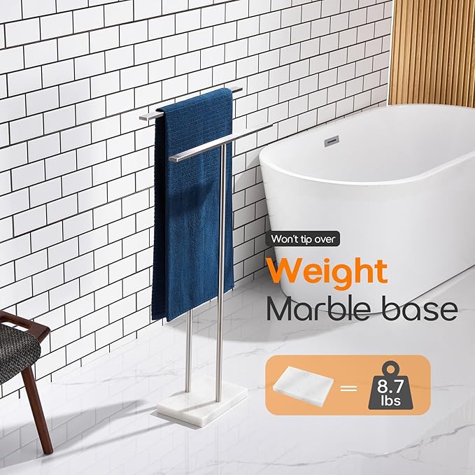 Free Standing Towel Rack for Bathroom 2-Tier Towel Holder Stand with Heavy Marble Base Thicken Steady Design Polished Chrome Stainless Steel AN7001CH