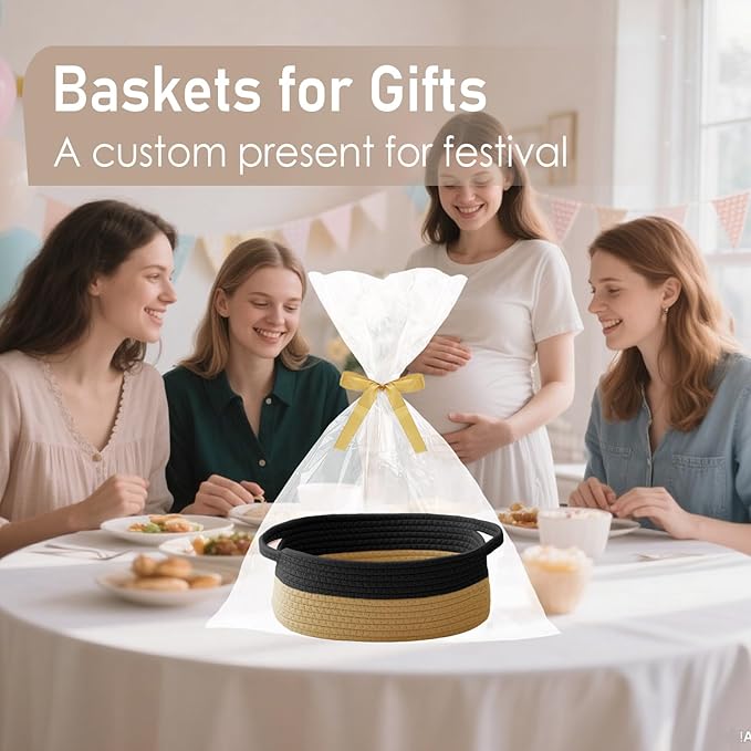 Woven Basket,Small Rope Storage Bin with Handles & Ribbon Bag, Organizer for Shelves Closets,Gift Basket Empty for Birthday,Books,Dog Toys, Black&Jute/3 Pack