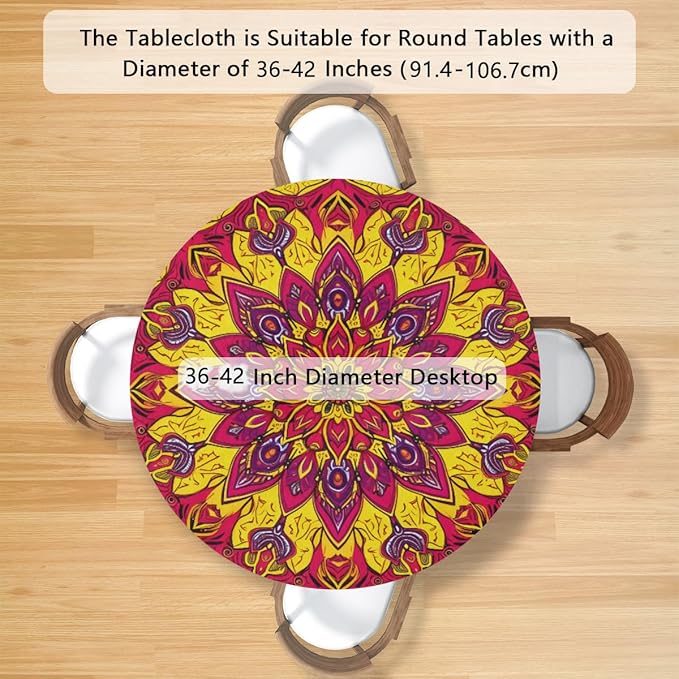 Floral Mandala Vintage Round Table Cloth Cover, Elastic Edge Waterproof Wipeable Tablecloths 36"-42" Polyester Tablecloth for Party Restaurant Banquet Holiday Camping Outdoor Picnic