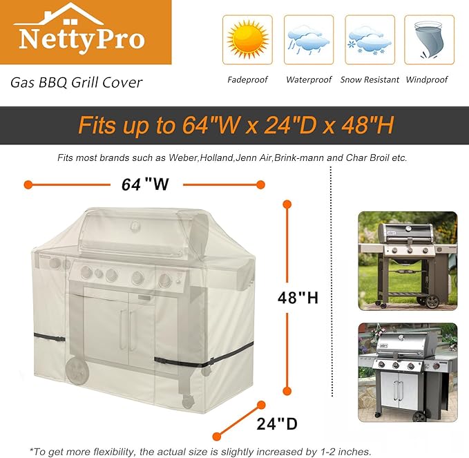 NettyPro Grill Cover Heavy Duty Waterproof 64 inch, Outdoor 2-3 Burners Gas BBQ Cover for Outside Weber, Char-Broil, Brinkmann, Nexgrill Barbecue, Beige