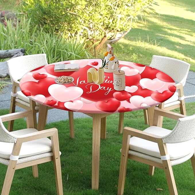 Valentines Day Round Fitted Tablecloth with Elastic Red White Love Heart Circle Table Cloth for 36-40" Round Tables Wipeable Waterproof Washable Valentine Table Cover for Picnic Dining Party Decor