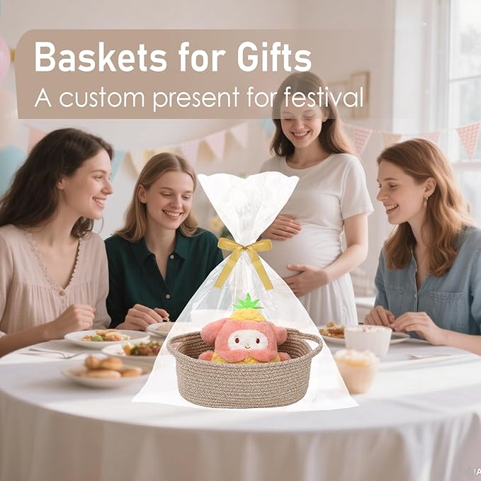Woven Basket,Small Rope Storage Bin with Handles & Ribbon Bag, Organizer for Shelves Closets,Gift Basket Empty for Birthday,Books,Dog Toys,Oatmeal