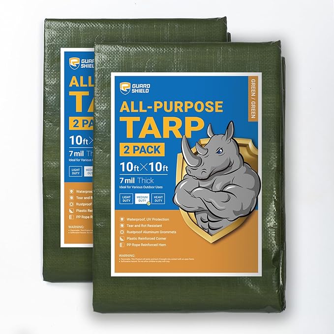 GUARD SHIELD Green Tarp Waterproof 10x10 Feet Medium Duty All Purpose Poly Tarps Cover 7mil (2-Pack)