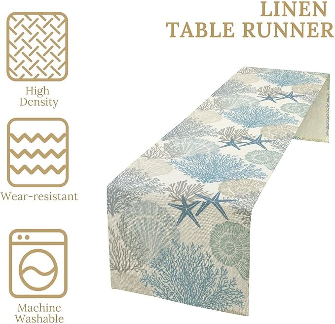 Blue Teal Coral Table Runners, Summer Beach Starfish Coastal Coffee Table Runners for Wedding Party Banquet Dining Holiday 13x60in