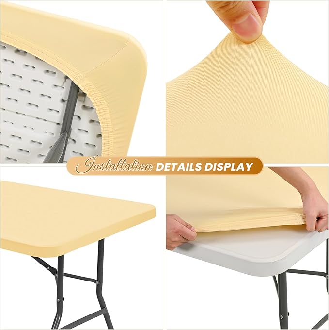 6 Pack Stretch Fabric Table Top Cap Cover, Beige Table Covers fits 8Ft Tables, Washable Elastic Universal Rectangle Tablecloth Protector for Indoor Outdoor Party Picnic Wedding (30" W x 96" L)