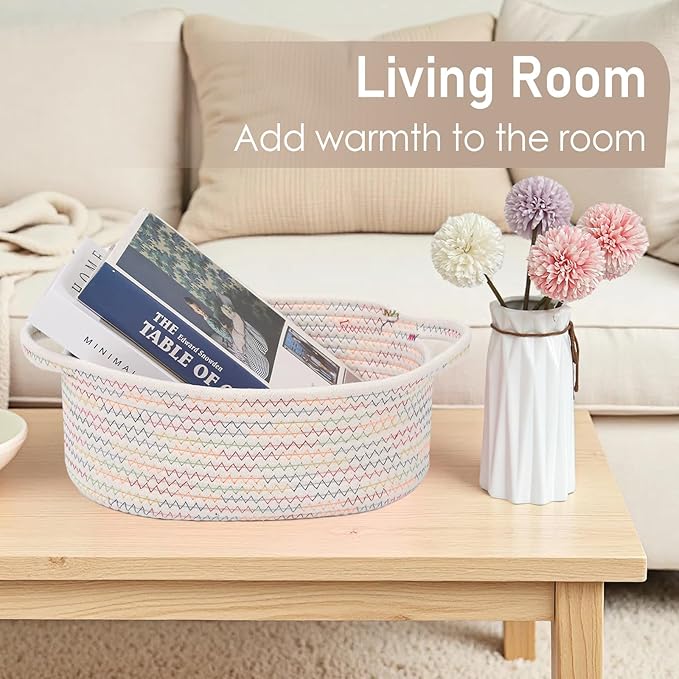 Woven Basket,Small Rope Storage Bin with Handles & Ribbon Bag, Organizer for Shelves Closets,Gift Basket Empty for Birthday,Books,Dog Toys, Colorful/2 Pack