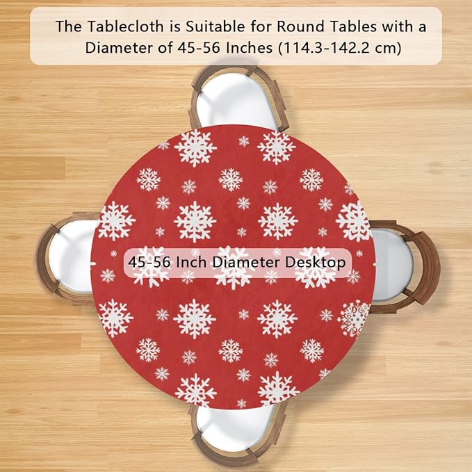 Christmas Snowflake Red White Round Table Cloth Cover, Elastic Edge Waterproof Wipeable Tablecloths 45"-56" Polyester Tablecloth for Party Restaurant Banquet Holiday Camping Outdoor Picnic