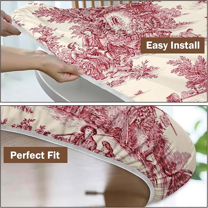 French Country Round Fitted Tablecloth with Elastic Vintage Red Circle Table Cloth for 36-40" Round Tables Wipeable Waterproof Rustic Burgundy Pink Village Table Cover for Dining Patio Picnic Decor