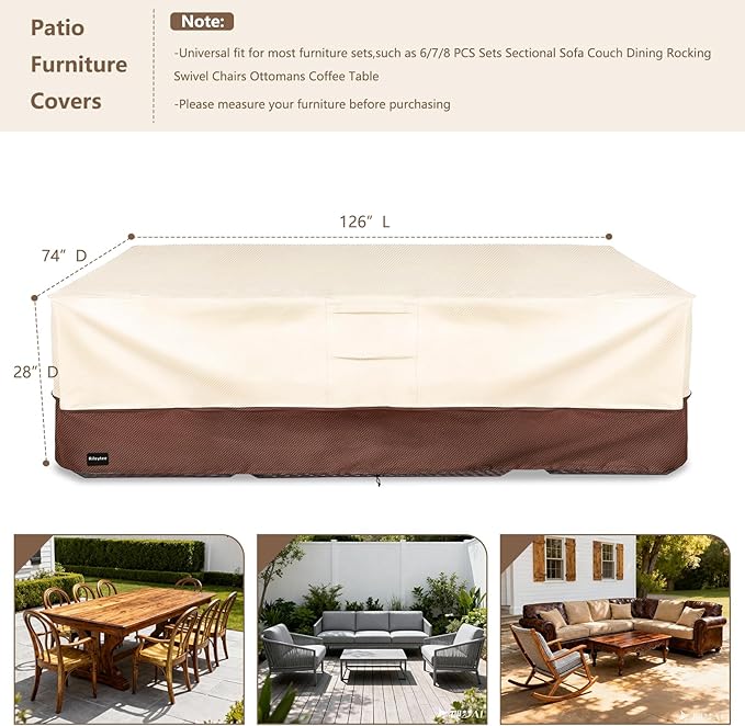 Rectangular Patio Furniture Covers,Upgraded 600D Heavy Duty Outdoor Furniture Covers Waterproof,Outdoor Sectional Dining Table and Chairs General Purpose Furniture Set Cover,126"L × 74"W × 28"H,Beige