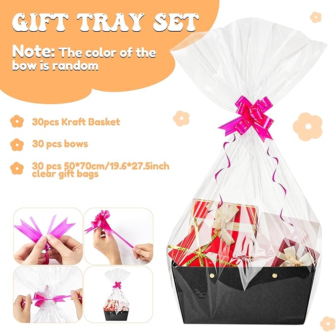 Tuanse 30 Pcs Basket for Gift Empty DIY Bulk Gift Basket Kit with Handle Kraft Cardboard Tray with 30 Bag 30 Bow Market Tray for Wedding Party(Black,12.6 x 9.8 x 5.9 in)