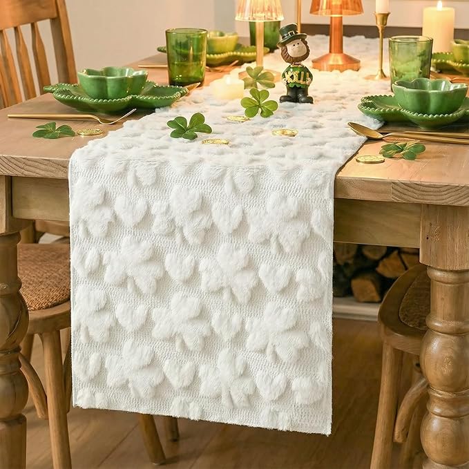 Artoid Mode White Soft Plush Faux Fur Jacquard Heart Clover St. Patrick's Day Table Runner, Seasonal Kitchen Dining Table Decoration for Home Party Decor 13x72 Inch