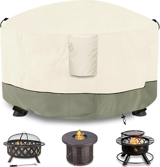 Fire Pit Cover,Outdoor Heavy Duty 600D 100% Waterproof Fire Pit Cover Round,Weatherproof Firepit Covers Round 32" Dia x 24" H,Beige