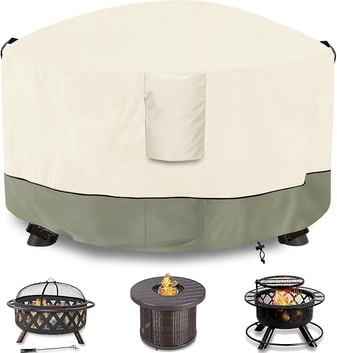 Fire Pit Cover,Outdoor Heavy Duty 600D 100% Waterproof Fire Pit Cover Round,Weatherproof Firepit Covers Round 36" Dia x 24" H,Beige
