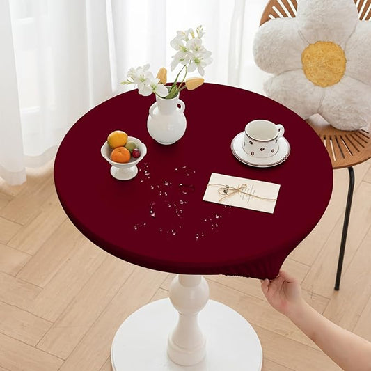 Round Fitted PU Tablecloth with High Elastic Edge 35 Inch Dia Waterproof Oil Proof Table Cloth Anti-Scald Stain-Resistant Wipeable Table Cover for Indoor Outdoor Picnic (Red,35" Dia)