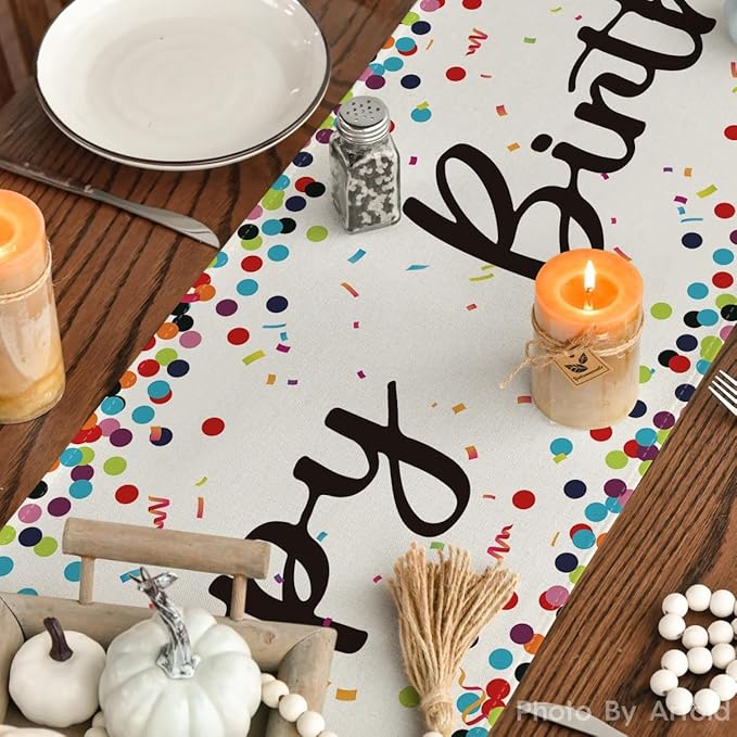 Artoid Mode Polka Dot Beige Happy Birthday Table Runner, Seasonal Kitchen Dining Table Decoration for Home Party Decor 13x48 Inch
