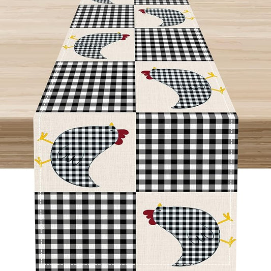 Farmhouse Rooster Table Runner, Rustic Farm Chicken Black White Plaid Buffalo Retro Coffee Table Center Decor for Home Kitchen Dining Patio Party Indoor Outdoor Table Decorations, 13" X 108"