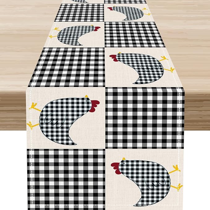 Farmhouse Rooster Table Runner, Rustic Farm Chicken Black White Plaid Buffalo Retro Coffee Table Center Decor for Home Kitchen Dining Patio Party Indoor Outdoor Table Decorations, 13" X 36"