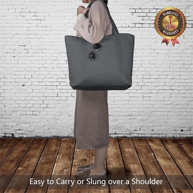 TOPDesign 1-Pack Canvas Tote Bag with an External Pocket, Reusable Grocery Shopping Bag, Top Zipper Closure, Daily Essentials (Grey)