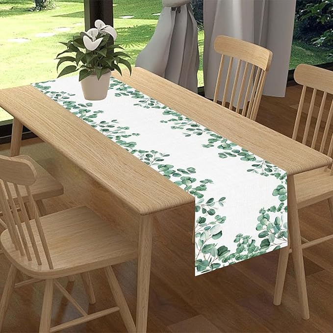 Farmhouse Table Runner, Green Eucalyptus Spring Summer Seasonal Plants Rustic Country Cafe Coffee Table Center Decor for Home Kitchen Dining Patio Indoor Outdoor Table Decorations, 13"x90" Inch