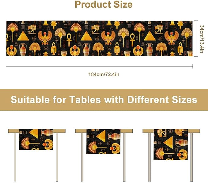 Egyptian Table Runner, Retro Egypt Mural Old Hieroglyphic Elements Ancient Mythology Hieroglyph Symbol Printed Kitchen Dining Table Runner for Kitchen Living Room Home Party 13x60in