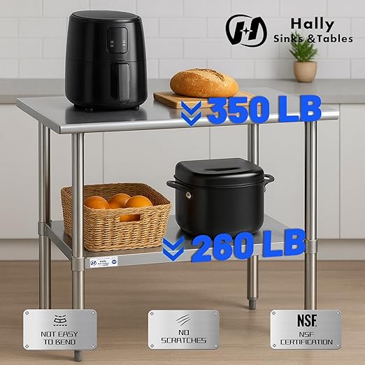 Hally Stainless Steel Table for Prep & Work 18 x 30 Inches, NSF Commercial Heavy Duty Table with Undershelf and Galvanized Legs for Restaurant, Home and Hotel
