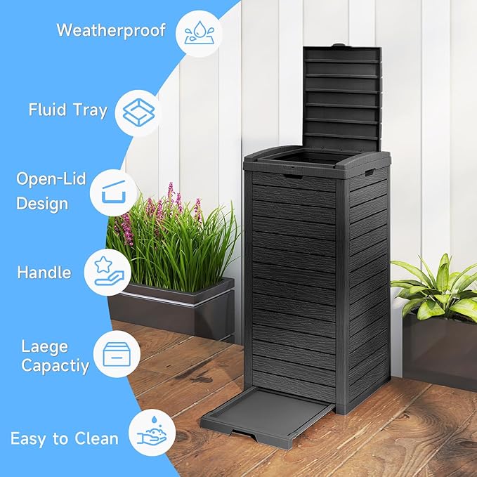 38 Gallon Outdoor Trash Can with lid,Waterproof,UV-Resistant Resin Garbage Can,Lockable Lid and Drip Tray,Trash Bin for Patio,Kitchen, Backyard and Deck(Black)