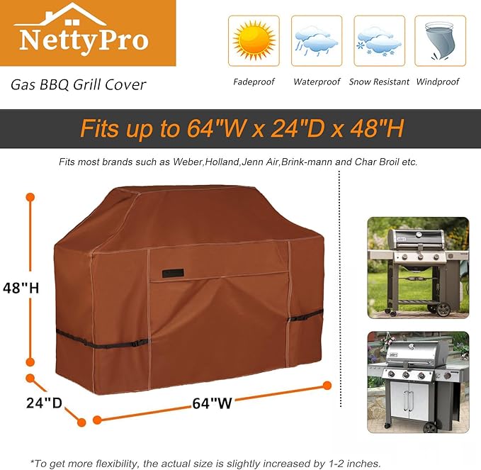 NettyPro Grill Cover for Outdoor Grill 64 inch, Waterproof Heavy Duty Gas BBQ Cover for Outside Weber, Char-Broil, Brinkmann, Jenn Air, Nexgrill 3-4 Burners Barbecue, Brown