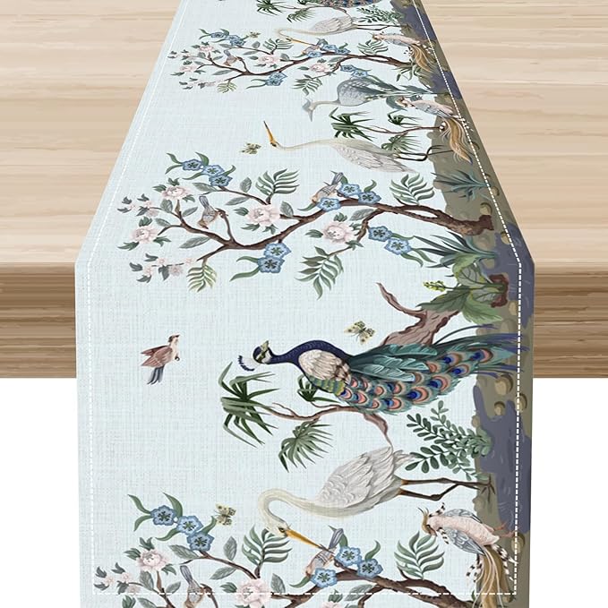 Blue Peacock Table Runner,Rustic Light Blue Crane Floral Branch Table Center Decor for Home Dining Kitchen Patio Holiday Party Indoor Table Decorations, 13"x36"