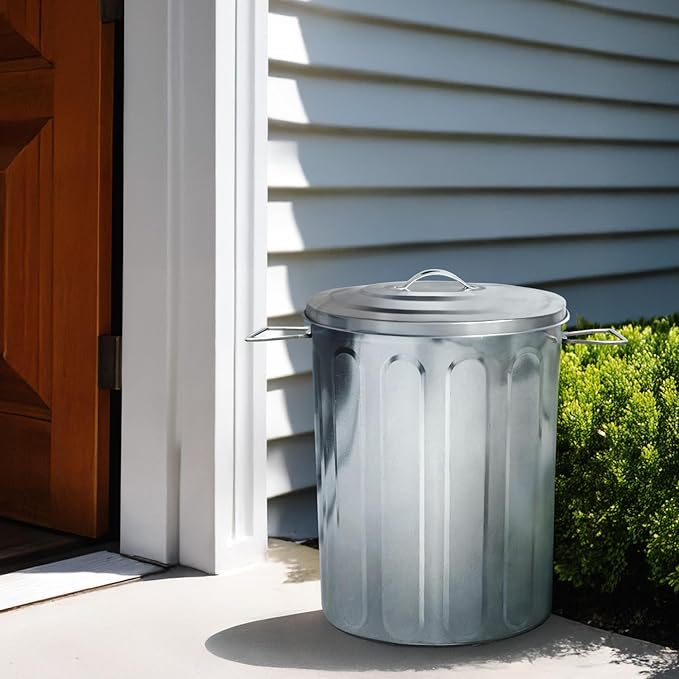 Plexon 5 Gallon Small Metal Trash Can with Lid Outdoor Galvanized Bucket with Lid 5 Gal Fireplace Ash Bucket for Wood Stove Storage Can for Dog Food Bird Seed Storage Container Rodent Pet Proof 6 Pack