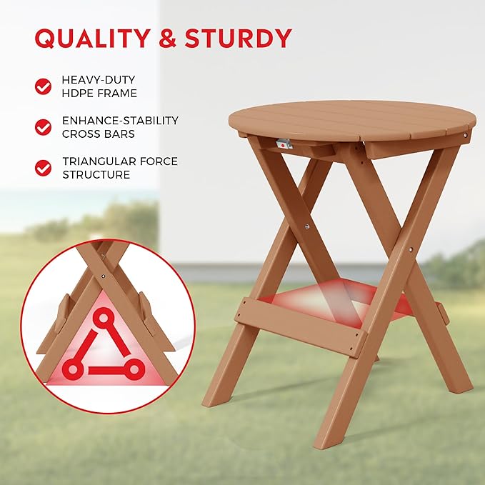 Costaelm Paradise HDPE Outdoor 24.5 Inch Round Portable Folding Patio Dining Table, Teak