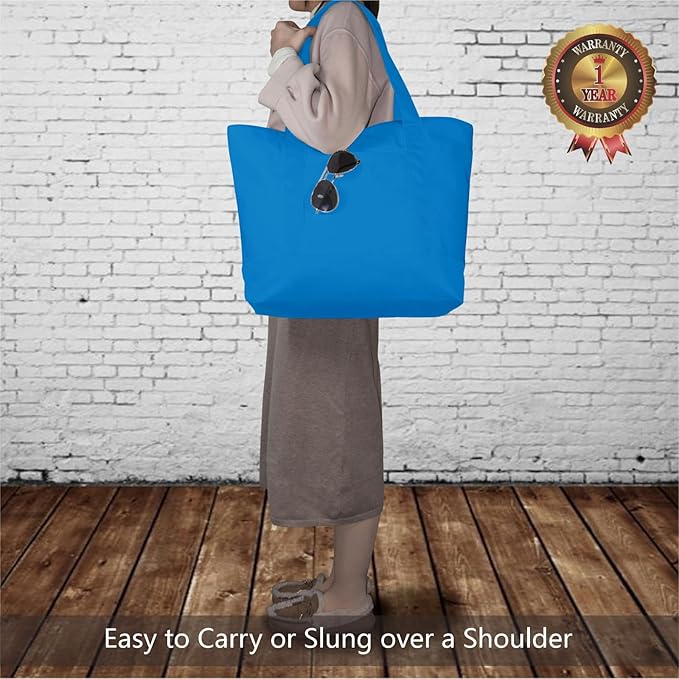 TOPDesign 6-Pack Canvas Tote Bags with an External Pocket, Reusable Grocery Shopping Bags, Top Zipper Closure, Daily Essentials (Ocean Blue)