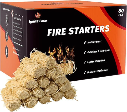 80pcs Natural Fire Starters - Waterproof Firelighters for Campfire, Grill, BBQ, Fire Pit, Fireplace, Wood Stove, Pizza Oven | Charcoal Starter, Odorless & Eco-Friendly