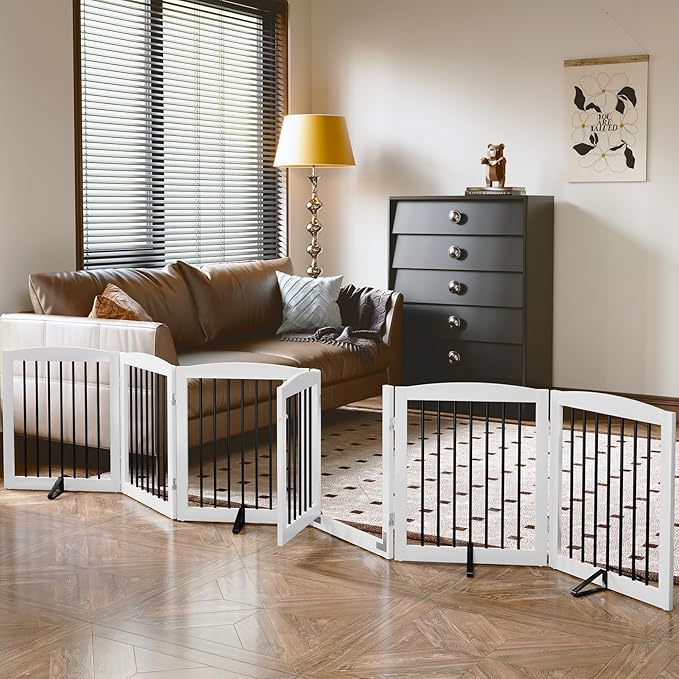Freestanding Pet Gates with Walk Through Door, Dog Indoor Fence, Dog Gate for The House, Stairs, Extra Wide Pet Gate, Support Feet Included, 120 Inch Wide, 6 Panels 24" Tall, White & Black