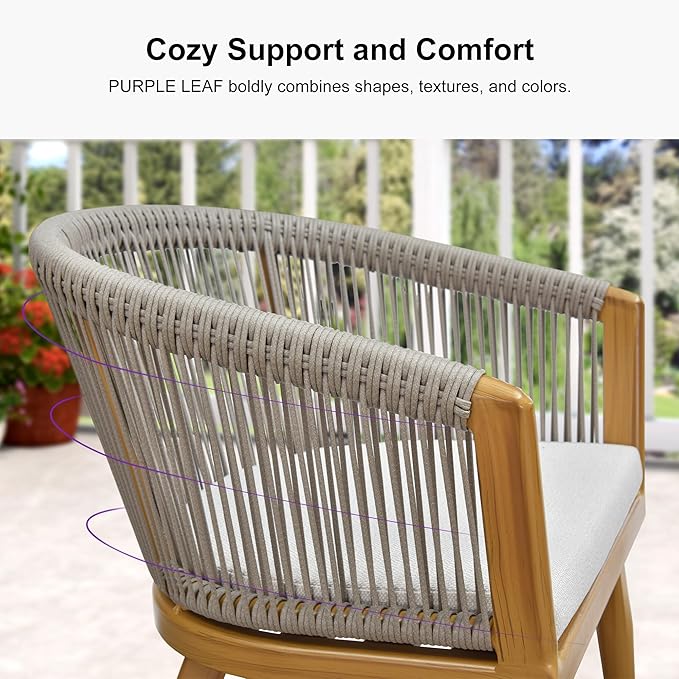 PURPLE LEAF Outdoor Dining Set for 6 All-Weather Aluminum 7 Piece Outdoor Patio Dining Furniture Sets with Woodgrain Table and Rope Weave Chairs Included Cushions for Backyard Patio Set Teak Color