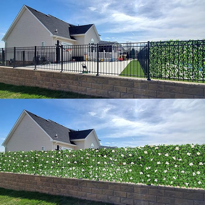 Expandable Fence Privacy Screen for Balcony Patio Outdoor,Decorative Faux Ivy Fencing Panel,Artificial Hedges (Single Sided Leaves) (4, White Flowers)
