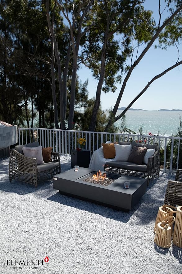 Elementi+ | Cannes Gas Fire Pit Cast Concrete 60" Rectangular Fire Table, Outdoor Fire Pit Electronic Ignition | Canvas Cover, Fire Glass and Burner Lid Included | Dark Gray | Natural Gas