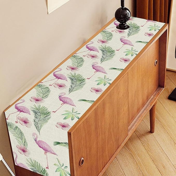 Flamingo Table Runner,Spring Summer Tropical Floral Green Palm Leaves Hawaiian Luau Watercolor Table Center Decor for Family Kitchen Living Room Farmhouse Party Table Decorations, 13"x72"