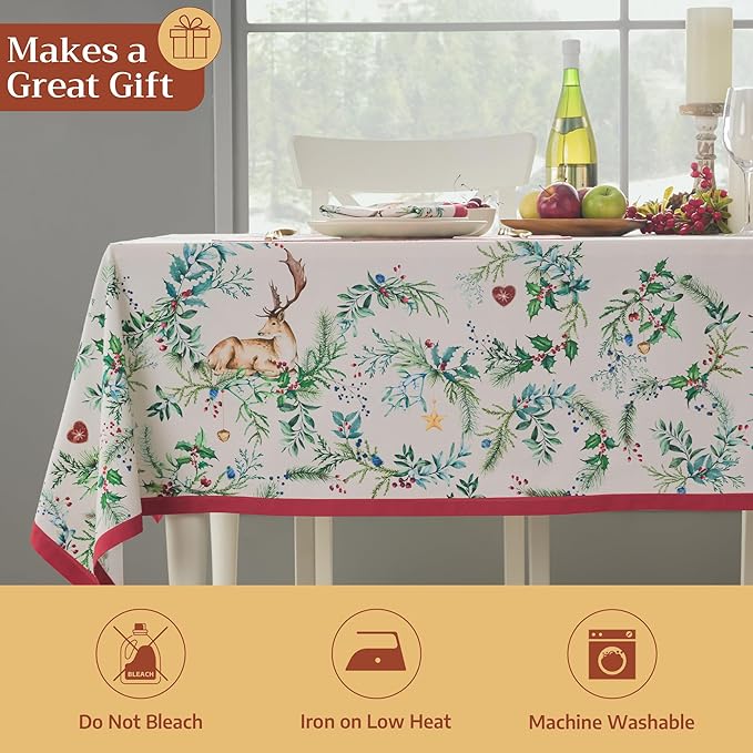 Maison d' Hermine Table Cloth Rectangle Table 100% Cotton 70 x 120 Inches Fall Tablecloth Reusable Everyday Use for Thanksgiving Christmas Decorations Dining Farmhouse Party (Holly Time)