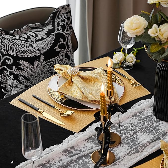 Faux Leather Placemats, Heat Resistant PU Table Mats Set of 6, Waterproof Oil-Proof Wipeable Reversible Place Mats for Kitchen Dining Table, Easy to Clean (Gold, Round Table)