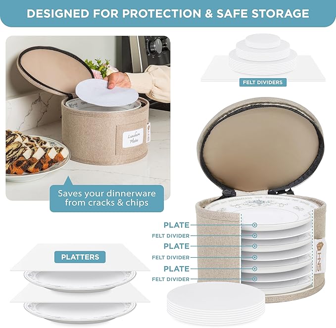 China Storage Hard Shell Containers 12-Piece Set Moving Boxes for Dinnerware, Glasses, Plates, Mugs and Saucers Sturdy Dish Organizer with Dividers for Seasonal Storage - Service for 12 - Brown